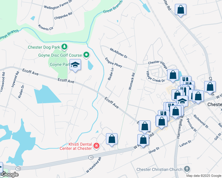 map of restaurants, bars, coffee shops, grocery stores, and more near 4900 Par Drive in Chester