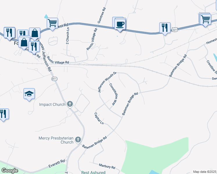 map of restaurants, bars, coffee shops, grocery stores, and more near 107 Constitution Way in Forest