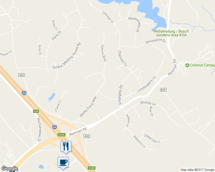 map of restaurants, bars, coffee shops, grocery stores, and more near 404 Marks Pond Way in Williamsburg