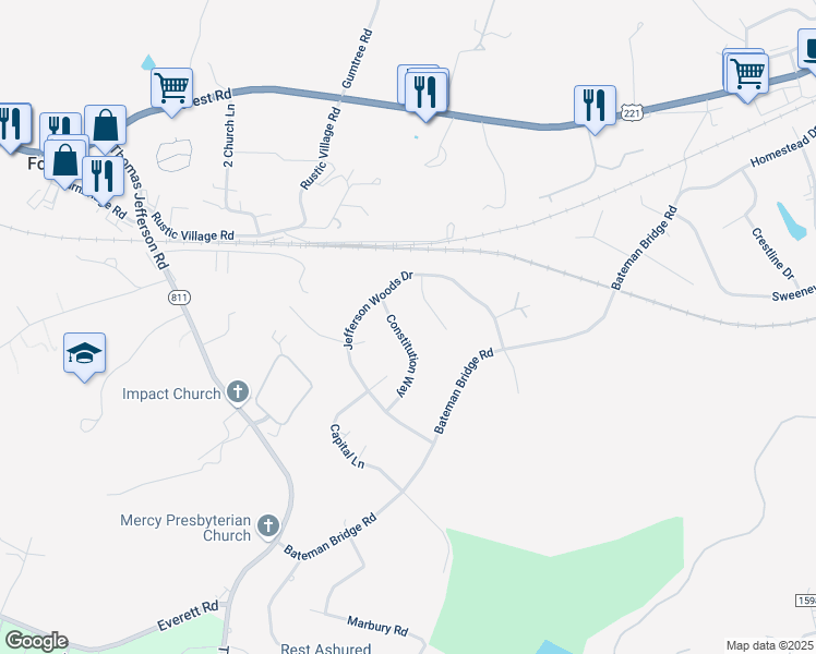 map of restaurants, bars, coffee shops, grocery stores, and more near 110 Constitution Way in Forest
