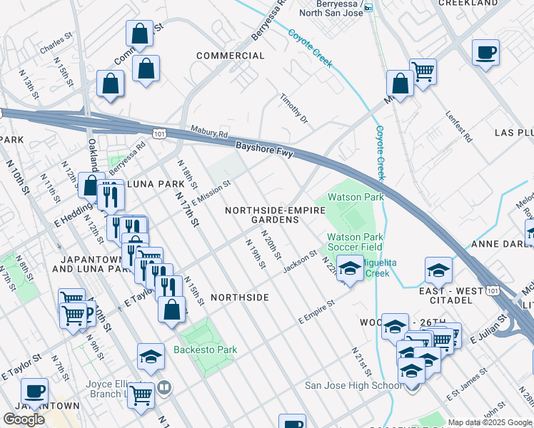 map of restaurants, bars, coffee shops, grocery stores, and more near 991 East Taylor Street in San Jose