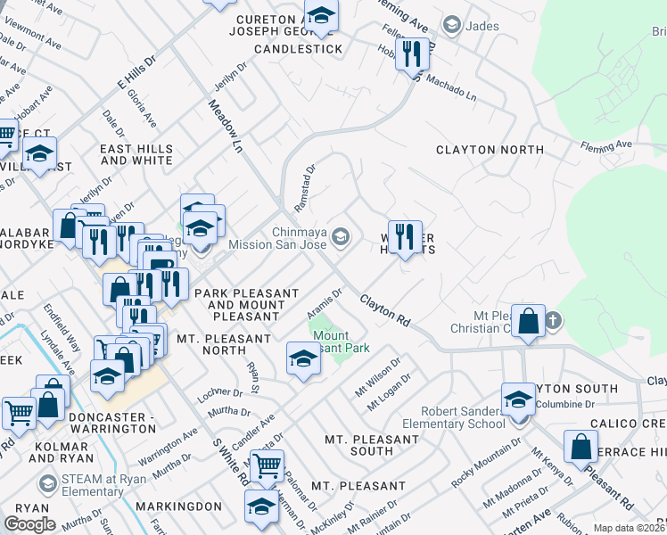 map of restaurants, bars, coffee shops, grocery stores, and more near Clayton Road & Hickerson Drive in San Jose