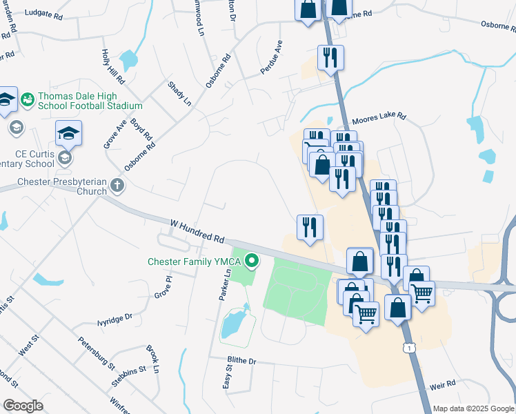 map of restaurants, bars, coffee shops, grocery stores, and more near 12125 Park Road in Chester