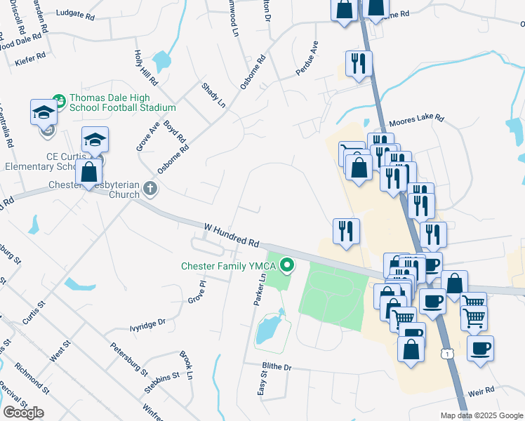 map of restaurants, bars, coffee shops, grocery stores, and more near 3106 Woodside Road in Chester
