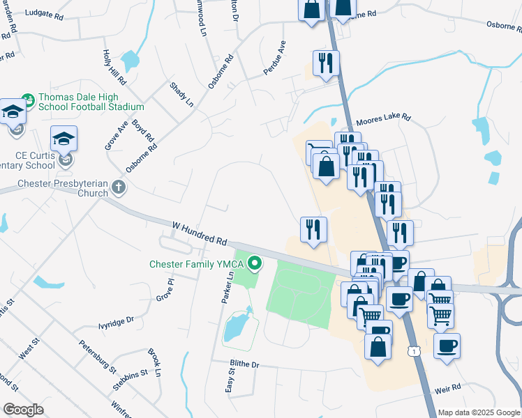 map of restaurants, bars, coffee shops, grocery stores, and more near 12125 Park Road in Chester