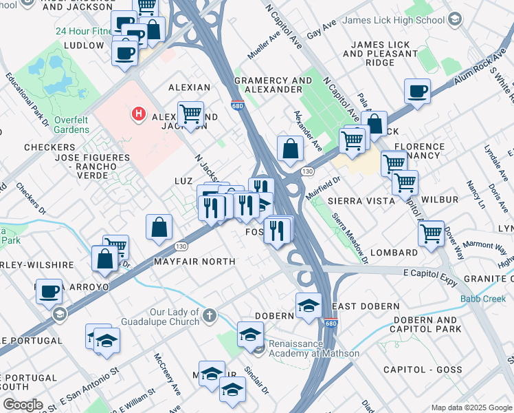 map of restaurants, bars, coffee shops, grocery stores, and more near 2358 Alum Rock Avenue in San Jose