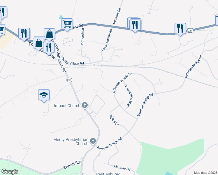 map of restaurants, bars, coffee shops, grocery stores, and more near 203 Colonial Court in Forest