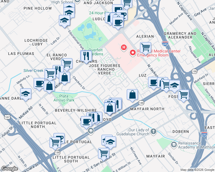 map of restaurants, bars, coffee shops, grocery stores, and more near 254 Palacio Royale Circle in San Jose