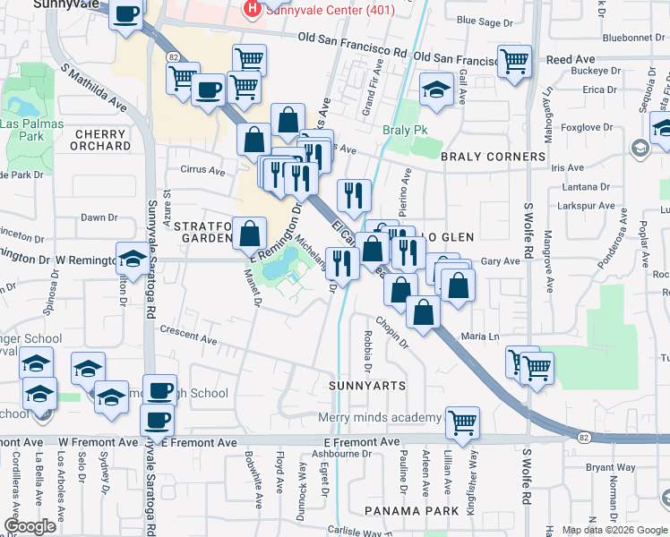 map of restaurants, bars, coffee shops, grocery stores, and more near 960 Michelangelo Drive in Sunnyvale