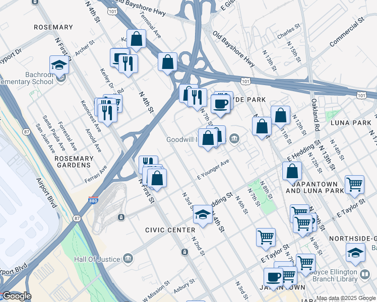 map of restaurants, bars, coffee shops, grocery stores, and more near 1091 North 5th Street in San Jose