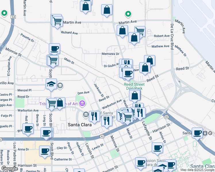map of restaurants, bars, coffee shops, grocery stores, and more near 2040 Main Street in Santa Clara