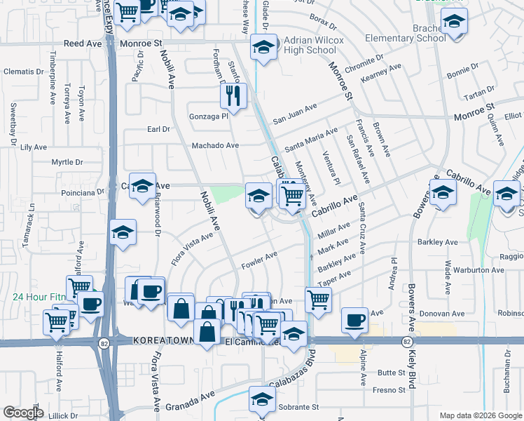 map of restaurants, bars, coffee shops, grocery stores, and more near 3310 Cabrillo Avenue in Santa Clara