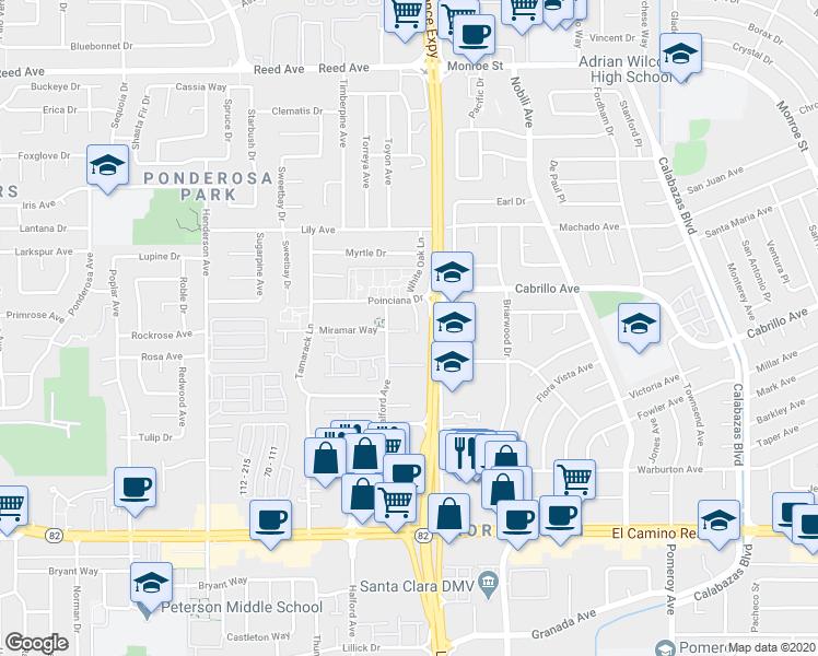 map of restaurants, bars, coffee shops, grocery stores, and more near 2015 Klamath Avenue in Santa Clara