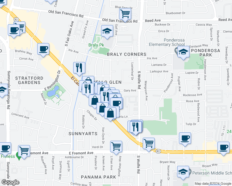 map of restaurants, bars, coffee shops, grocery stores, and more near 805 Gary Avenue in Sunnyvale