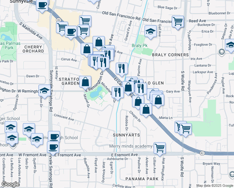 map of restaurants, bars, coffee shops, grocery stores, and more near 954 Michelangelo Drive in Sunnyvale