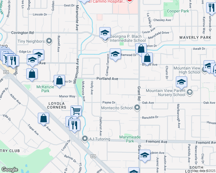 map of restaurants, bars, coffee shops, grocery stores, and more near 1325 Concord Avenue in Los Altos