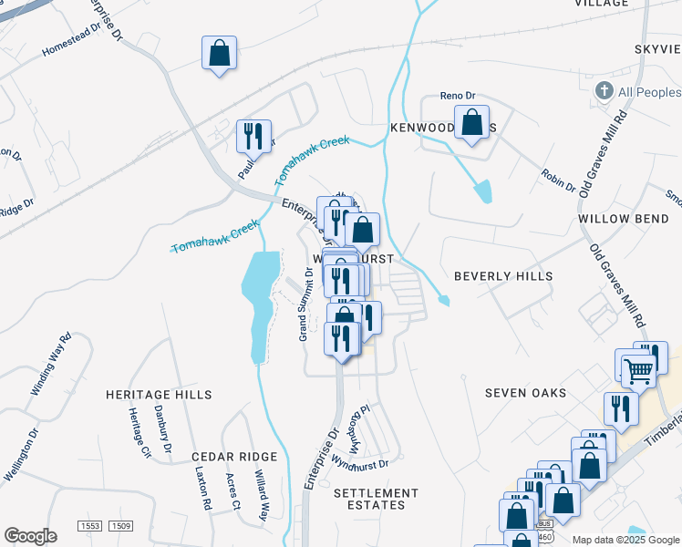 map of restaurants, bars, coffee shops, grocery stores, and more near 100 Northwynd Circle in Lynchburg