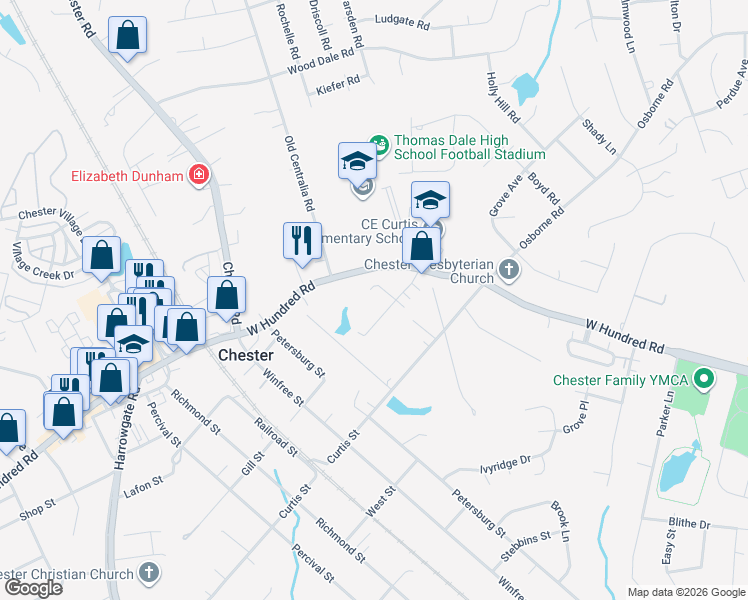 map of restaurants, bars, coffee shops, grocery stores, and more near 12106 Mathenay Drive in Chester
