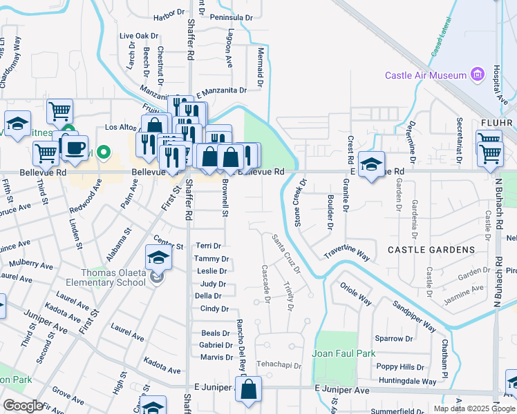 map of restaurants, bars, coffee shops, grocery stores, and more near 625 Centennial Way in Atwater