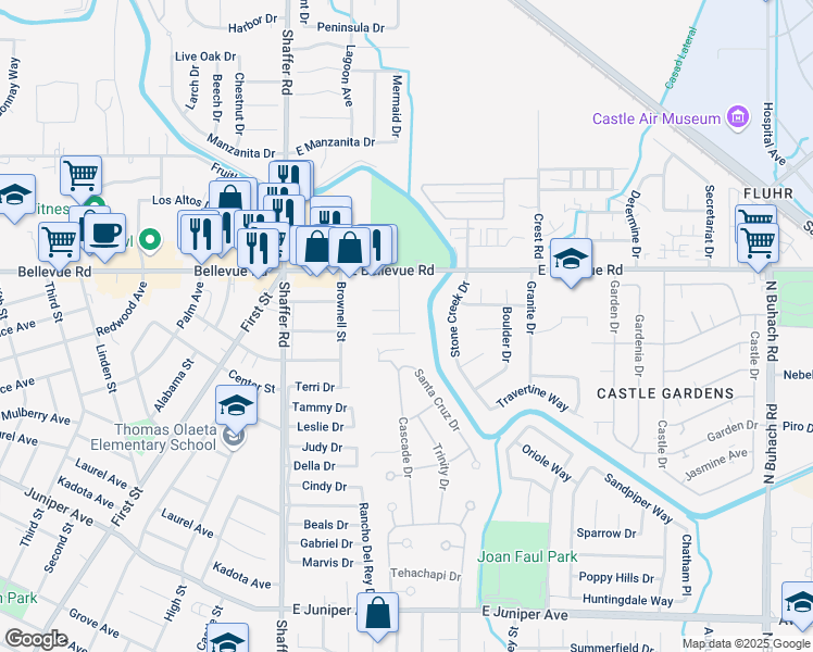 map of restaurants, bars, coffee shops, grocery stores, and more near 625 Centennial Way in Atwater