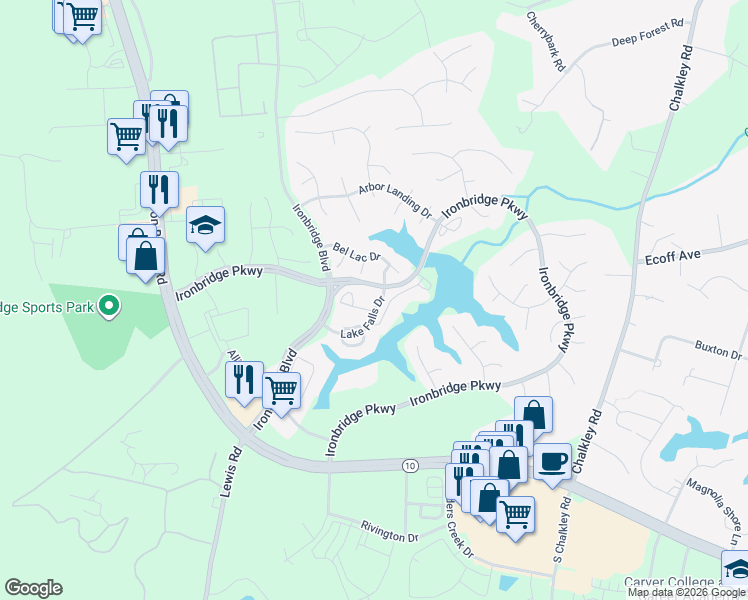 map of restaurants, bars, coffee shops, grocery stores, and more near 11700 Lake Falls Drive in Chester