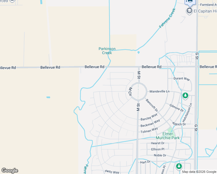 map of restaurants, bars, coffee shops, grocery stores, and more near 726 Skyler Court in Merced