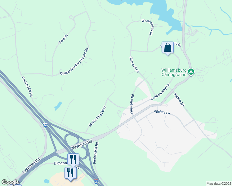 map of restaurants, bars, coffee shops, grocery stores, and more near 404 Marks Pond Way in Williamsburg