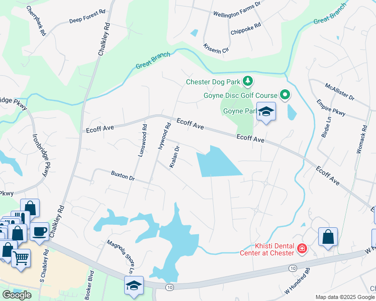 map of restaurants, bars, coffee shops, grocery stores, and more near 5431 Karma Road in Chester