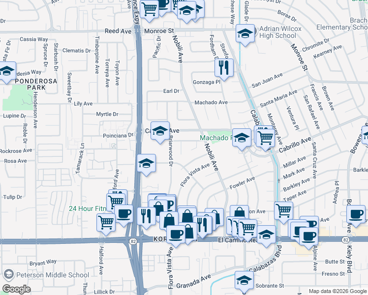 map of restaurants, bars, coffee shops, grocery stores, and more near 1991 Santa Rosa Court in Santa Clara