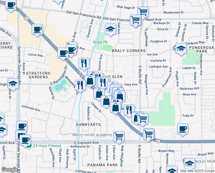 map of restaurants, bars, coffee shops, grocery stores, and more near 739 East El Camino Real in Sunnyvale