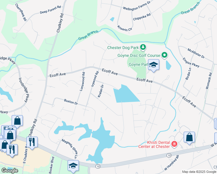 map of restaurants, bars, coffee shops, grocery stores, and more near 5431 Karma Road in Chester