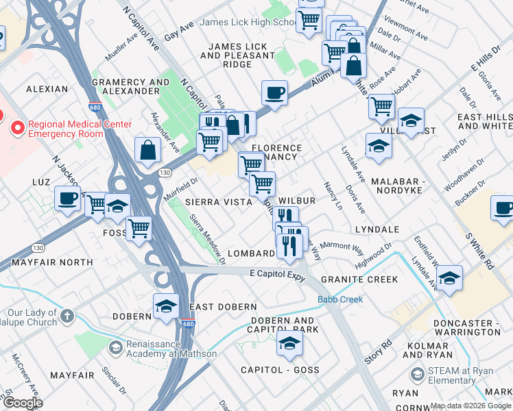 map of restaurants, bars, coffee shops, grocery stores, and more near 2604 Declaration Drive in San Jose