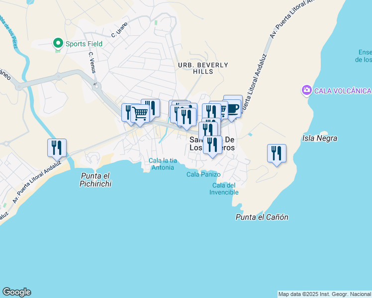 map of restaurants, bars, coffee shops, grocery stores, and more near 236 Calle Goya in San Juan de los Terreros