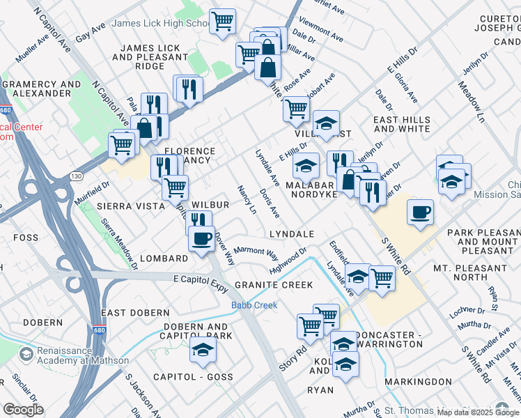 map of restaurants, bars, coffee shops, grocery stores, and more near 340 Nancy Lane in San Jose