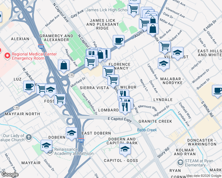 map of restaurants, bars, coffee shops, grocery stores, and more near 2604 Declaration Drive in San Jose