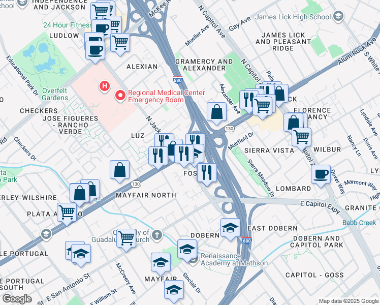 map of restaurants, bars, coffee shops, grocery stores, and more near 2370 Alum Rock Avenue in San Jose