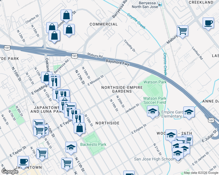 map of restaurants, bars, coffee shops, grocery stores, and more near 757 North 20th Street in San Jose