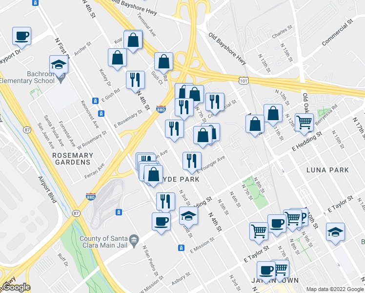 map of restaurants, bars, coffee shops, grocery stores, and more near 1091 North 5th Street in San Jose