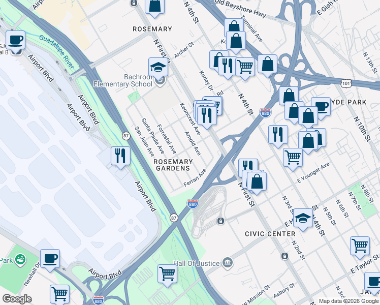 map of restaurants, bars, coffee shops, grocery stores, and more near 163 West Rosemary Street in San Jose