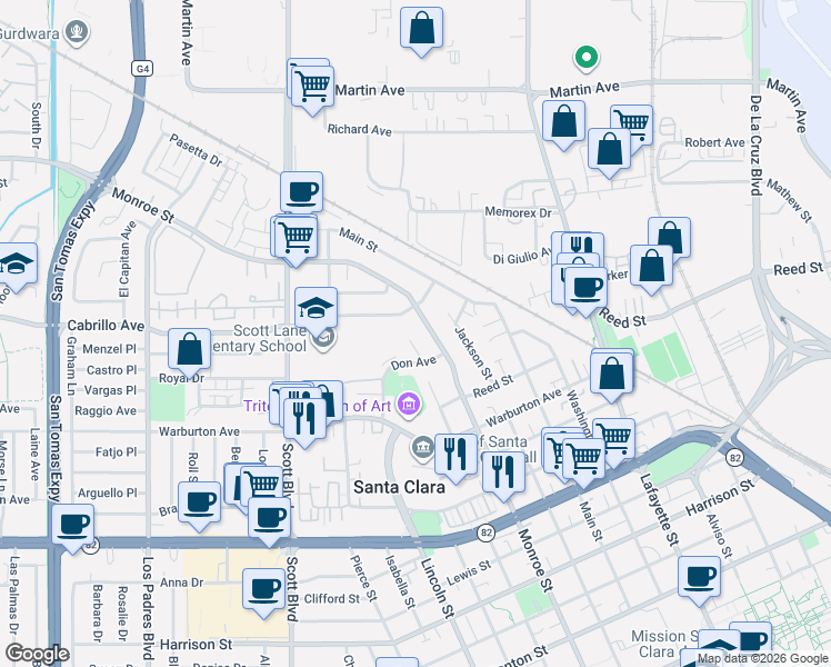 map of restaurants, bars, coffee shops, grocery stores, and more near 2068 Monroe Street in Santa Clara