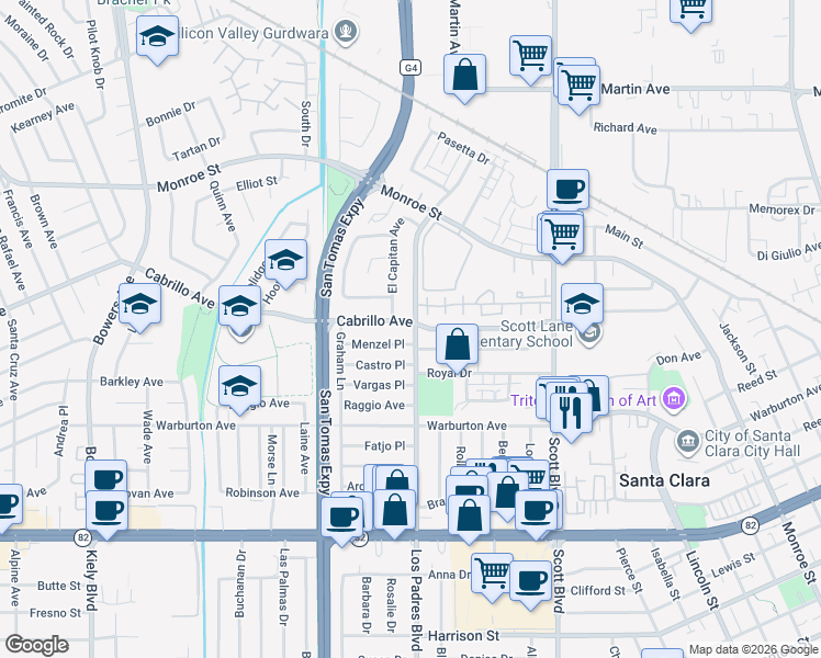 map of restaurants, bars, coffee shops, grocery stores, and more near 1984 Los Padres Boulevard in Santa Clara