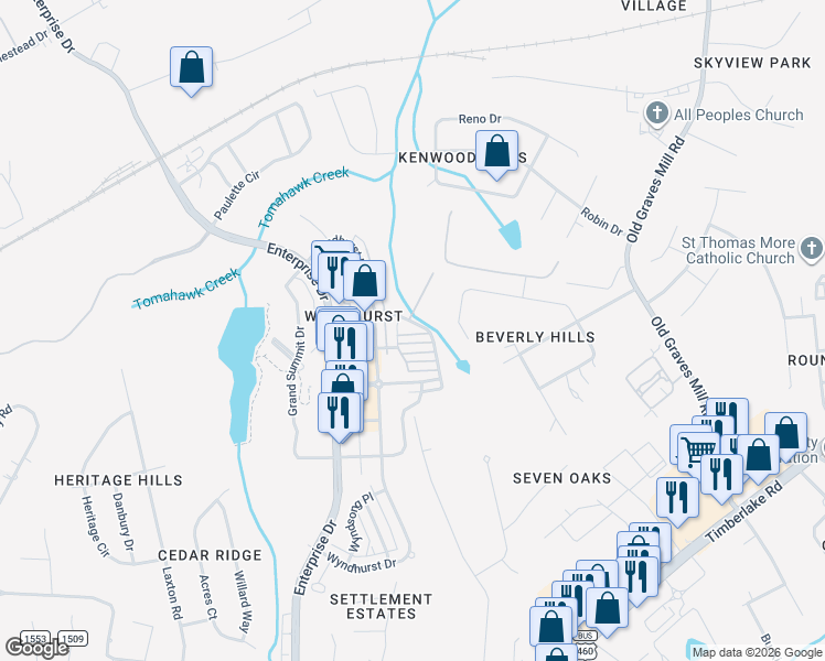 map of restaurants, bars, coffee shops, grocery stores, and more near 316 Northwynd Circle in Lynchburg