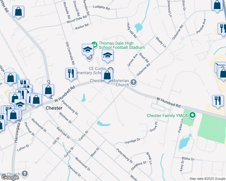 map of restaurants, bars, coffee shops, grocery stores, and more near 12019 Oakland Street in Chester