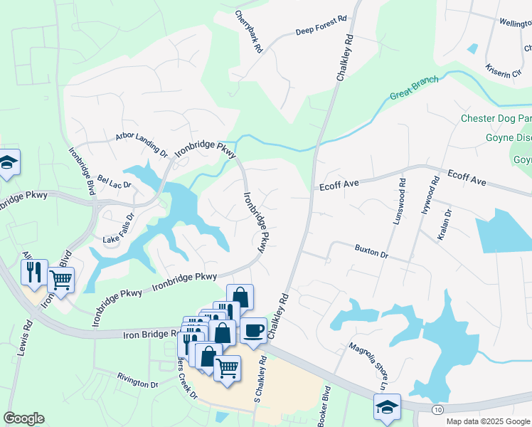 map of restaurants, bars, coffee shops, grocery stores, and more near 6007 Oak Landing Drive in Chester
