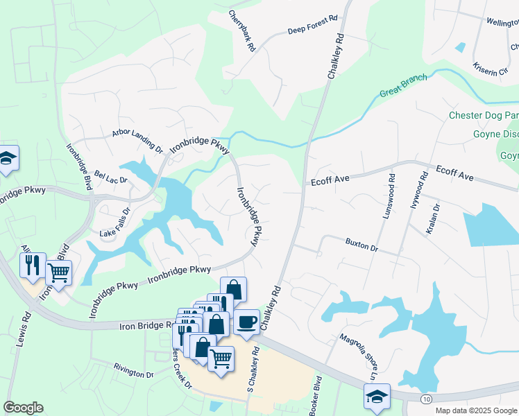 map of restaurants, bars, coffee shops, grocery stores, and more near 6007 Oak Landing Drive in Chester