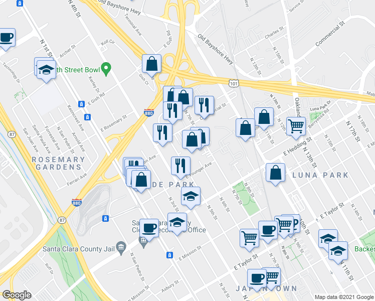 map of restaurants, bars, coffee shops, grocery stores, and more near 254 Kinney Drive in San Jose