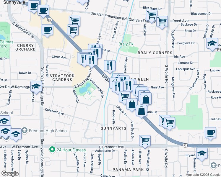 map of restaurants, bars, coffee shops, grocery stores, and more near 710 El Camino Real in Sunnyvale