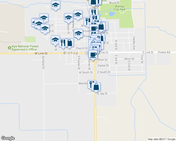 map of restaurants, bars, coffee shops, grocery stores, and more near 207 W South St in Bishop