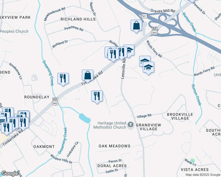 map of restaurants, bars, coffee shops, grocery stores, and more near 1000 Misty Mountain Road in Lynchburg