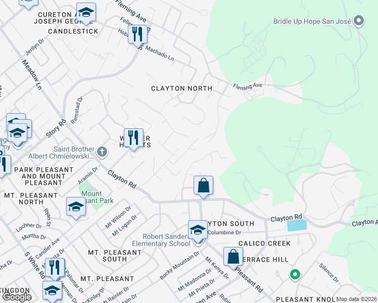 map of restaurants, bars, coffee shops, grocery stores, and more near 10634 Story Lane in San Jose